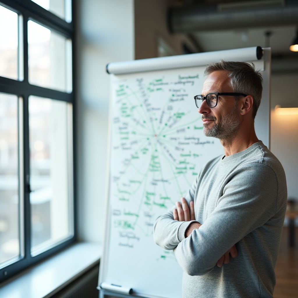 Vernetztes Denken visualisiert durch Mindmap auf einem Whiteboard